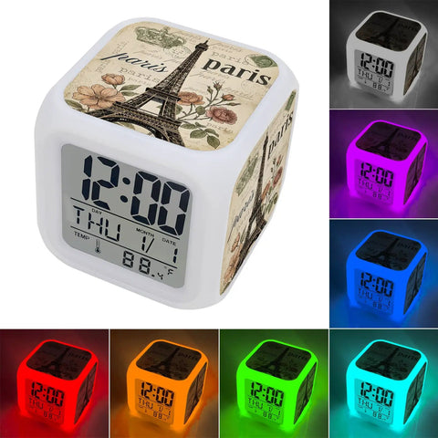 Smooth Operator Led Digital Alarm Clock Featuring Real Time And Room Temp Display, Parisian Crown Cube Frame in various glow colors.