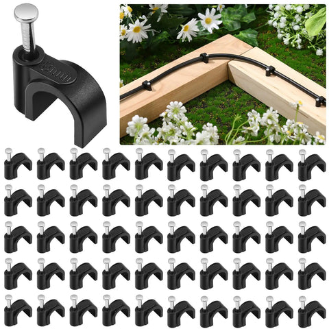 100 Pack Drip Irrigation Tubing Mounting Clips For One Quarter Inch And Three Eighths Inch Tubing Keep Garden Lines Secure And Leak Free No Fuss Easy To Install, shown securing drip lines on wood