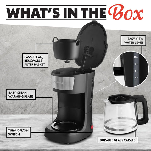 12 Cup One Touch Coffee Maker With Pause And Serve Automatic Keep Warm Easy View Water Window Compact Stainless Steel Accents Black Finish No Fuss Fast Brew For Solo Mornings Or Busy Family Breakfasts, depicted with open lid, easy-clean filter basket, water window and glass carafe.