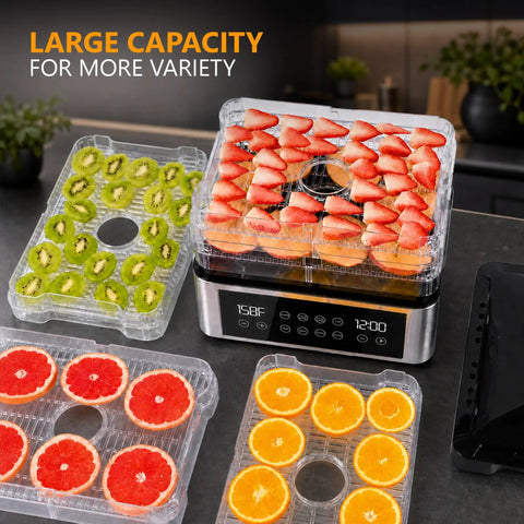 Pro Food Dehydrator With Slick One Touch Presets And Five Stackable Trays For Hassle Free Jerky Fruit Herbs And Dog Treats Straight Up Digital Timer Controls Inside A Compact Bpa Free Build That Knocks Out Silky Jerky On Repeat showing dried strawberries, oranges, kiwis, and grapefruits on clear trays, with digital display.