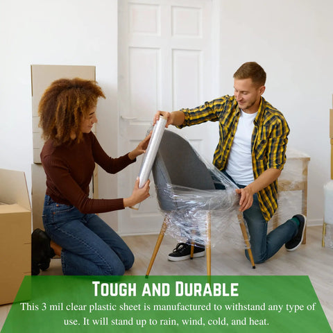 Heavy Duty 3 Mil Plastic Sheeting Roll With White Finish Measuring 3 By 100 Feet used to protect a chair during home renovation.
