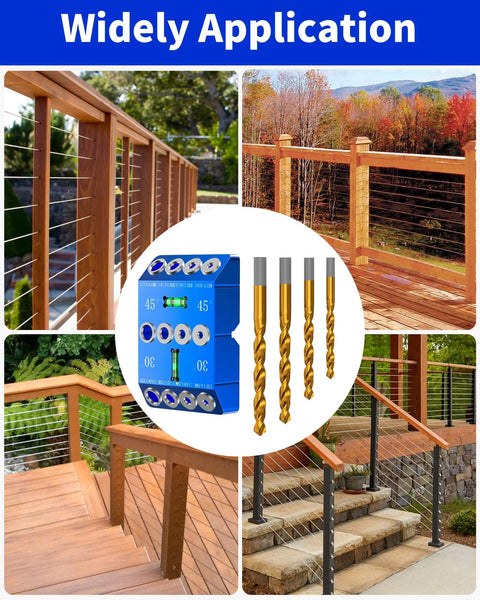 Aluminum Angle Drill Guide Jig With 30 45 90 Degree Settings for precise drilling in deck posts and stair handrails.