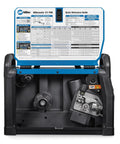 Open panel of Dual-Voltage MIG Welder With Running Gear And Cylinder Rack, showing guide with Auto-Set and BeadVision