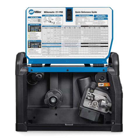 Open panel of Dual-Voltage MIG Welder With Running Gear And Cylinder Rack, showing guide with Auto-Set and BeadVision