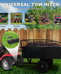 Beefy Heavy Duty Steel Dump Cart With 15 Cubic Feet Capacity attached to lawn tractor