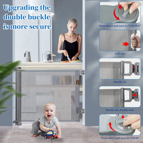 70 Inch Wide Retractable Baby Gate With 33 Inch Height, Upgraded Safety Double Snap Mesh Gate in kitchen with child and instructions