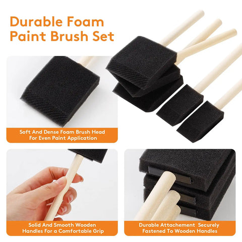 Massive 120 Piece Bulk Crate Of Two Inch Foam Paint Brushes With Tough Wood Handles showing durable foam heads and wooden grips.