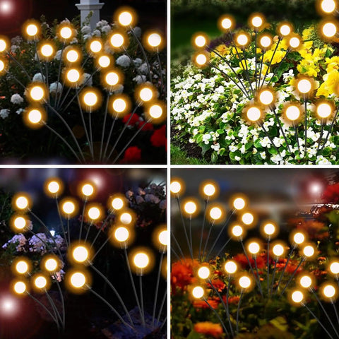 8 Pack Solar Powered Firefly Lights Outdoor Waterproof With Dual Modes Steady Glow And Flashing Swirling Warm White Garden Lights illuminating flowerbeds at night.