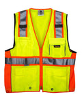 Top Shelf Class Two High Visibility Safety Vest With Deep Carry Pockets And Slick Zipper Front Built Like A Tank Rock Solid Reflective Bands Fast Drying Mesh Side Panels Pro Grade Rig For Long Days On The Job XXXL in bright yellow with orange accents and multiple pockets.