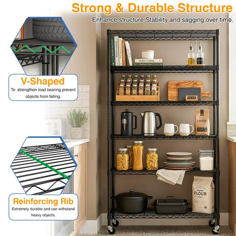 Beefy Six Tier Rolling Wire Shelf On Wheels For Garage And Home, Heavy Duty Steel Rack With 18 x 45 x 82 Inches Capacity, Black Finish, Smooth Mobility, Easy Assembly, Durable Storage Unit in kitchen with reinforced shelves