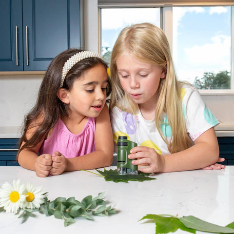 LED Lighted Pocket Microscope With 20x To 40x Zoom For Clear Close Ups Ultra Portable 2 Ounce Handheld Scope Includes Two Slides And Base Stand Compact 3.9 By 2.1 By 1.1 Inch Body Great For Students Hobbyists Science Buffs And On The Go Field Work, used by two girls examining a leaf