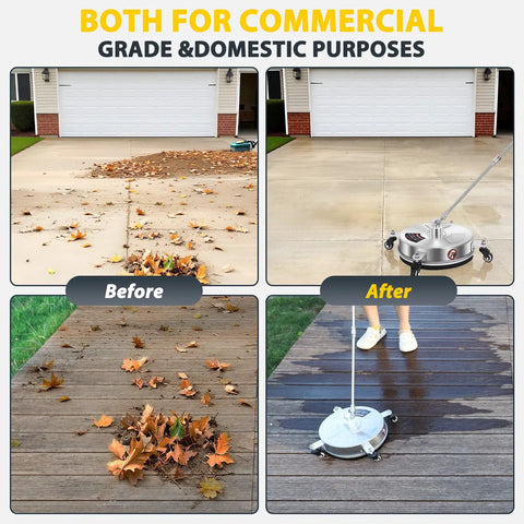 14 Inch Pressure Washer Surface Cleaner With Four Wheels And Quick Plug Stainless Steel Housing 4000 PSI on driveway and deck before and after cleaning.