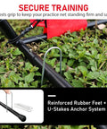 Close-up of reinforced rubber feet and U-stakes anchor system for 6x6 Ft Portable Baseball And Softball Practice Net With Sturdy Bow Frame.