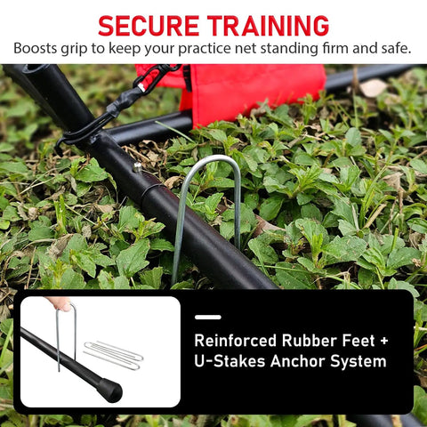 Close-up of reinforced rubber feet and U-stakes anchor system for 6x6 Ft Portable Baseball And Softball Practice Net With Sturdy Bow Frame.