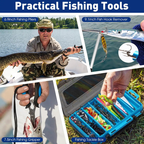 Man using fishing gear from 256 Piece All-In-One Fishing Tackle Set Backpack Kit With Tackle Box, Retractable Landing Net, Lip Gripper, Hook Remover, Pliers, Lures, Hooks And More, Complete Fishing Gear Gift For Men In Black Camouflage