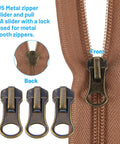 Close-up of brown zipper with #5 metal zipper slider and pull from the 39 Piece Zipper Replacement Kit With Sliders And Pulls Retainer Boxes And Insertion Pins Multi Color Teeth Repair Set For Coats And Bags Including Zipper Head For Easy Fixes.