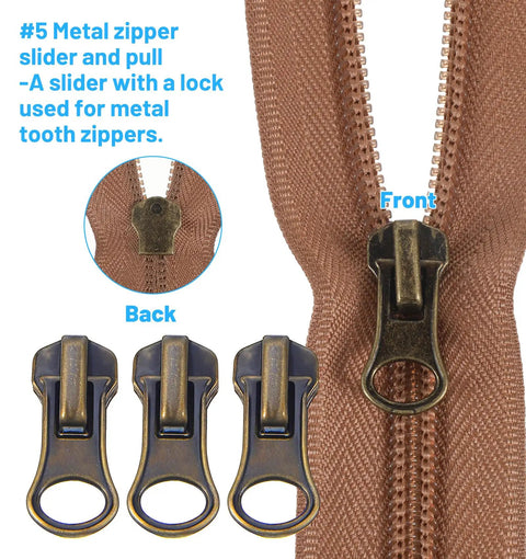 Close-up of brown zipper with #5 metal zipper slider and pull from the 39 Piece Zipper Replacement Kit With Sliders And Pulls Retainer Boxes And Insertion Pins Multi Color Teeth Repair Set For Coats And Bags Including Zipper Head For Easy Fixes.