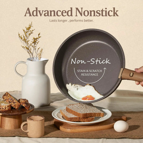 21 Piece Pots And Pans Set With Detachable Handles Nonstick Cookware Induction Compatible, frying pan with egg and bread