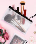 Six Pack Plastic Zipper Pencil Pouches Set Waterproof And Tear Resistant Document Folders A6 Size Zipper Pouches displayed with makeup brushes and accessories.