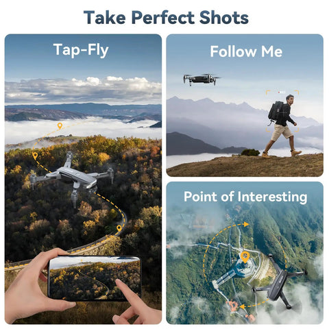 Collage of 4K GPS Drone With Camera For Adults And Beginners Auto Return Home Brushless Motors in different flight modes and settings