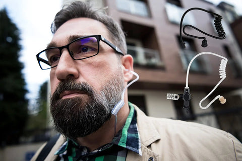 Close-up of man wearing Hella Reliable Wireless Bluetooth Lapel Microphone With Integrated Push To Talk For Radios Phones And Tablets.