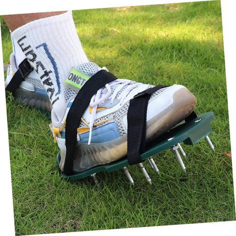 Adjustable Lawn Aerator Shoes Straps 8 Pack Heavy Duty Spiked Sandals for Garden Aeration in use on athletic shoe