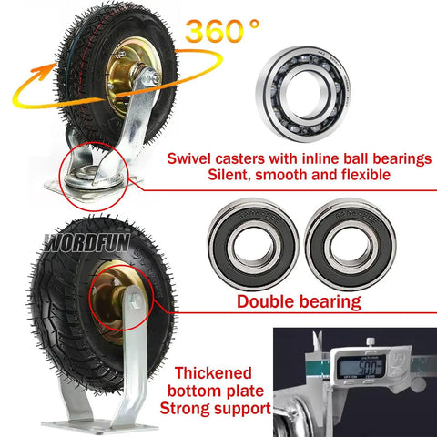 Pro Level Industrial Caster Pack With Grip Tight Rubber Pneumatic Wheels And Heavy Duty Ball Bearings For Silky Smooth Whisper Quiet Ride On Tool Cart Office Furniture Or Trailer Gear Hauler Setup