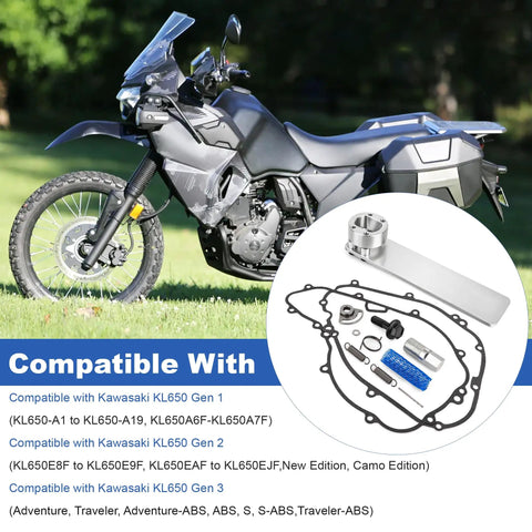 Doohickey Adjustment Counter Balancer Chain Tensioner Torsion Lever Spring Upgrade Installer Tool Kit For KLR650 1987 And Up Pro Grade Vibration Reduction Kit For Smooth Quiet Engine And Easy Rotor Install next to motorcycle