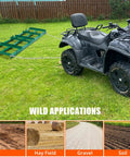 4 Ft Drag Harrow Driveway Grader Heavy Duty Power Rake Tow Behind Lawn Rake For ATV UTV Tractor And Mower Leveler For Gravel Sand Soil Hay Built With Durable Powder Coated Steel Construction attached to ATV on grass field