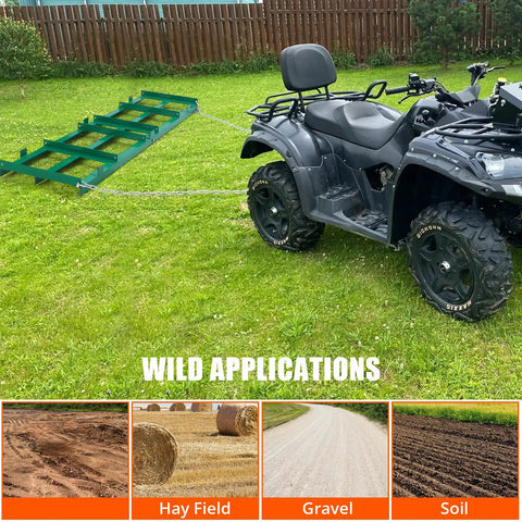 4 Ft Drag Harrow Driveway Grader Heavy Duty Power Rake Tow Behind Lawn Rake For ATV UTV Tractor And Mower Leveler For Gravel Sand Soil Hay Built With Durable Powder Coated Steel Construction attached to ATV on grass field