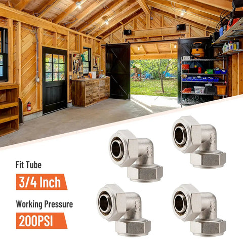 Four Three Quarters Inch Air Piping Fitting Elbow Kits For 200 PSI Pro Grade Nickel Plated Brass With Double O Ring in workshop