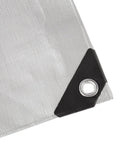 Corner view of Multi Purpose Waterproof Tarp Cover With Grommets 20 by 20 Feet 10 Mil Thick Heavy Duty Brown Silver Protective Sheet