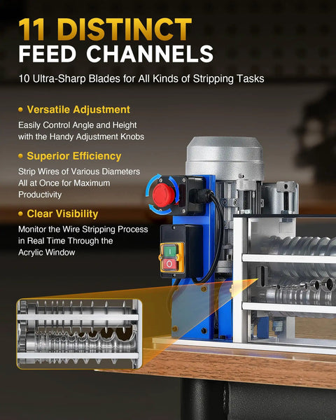 Heavy Duty Automatic Wire Stripping Machine With Eleven Channels And 550W Motor showing 11 feed channels and ultra-sharp blades for efficient wire stripping.