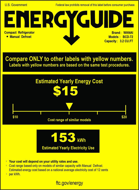 ENERGYGUIDE label for Real Deal 3.5 Cu Ft Compact Chest Freezer With Removable Storage Basket And Smooth Thermostat Dial.