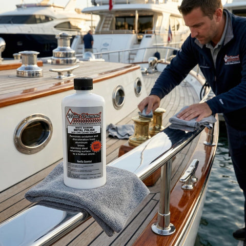 Metal Polish With Long Lasting Sealant Cleaner Polisher Protectant All In One bottle on dock beside yacht being cleaned