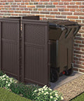 Four Panel Freestanding Wicker Resin Outdoor Screen Enclosure In Brown, Reversible Panels, hiding trash can in garden