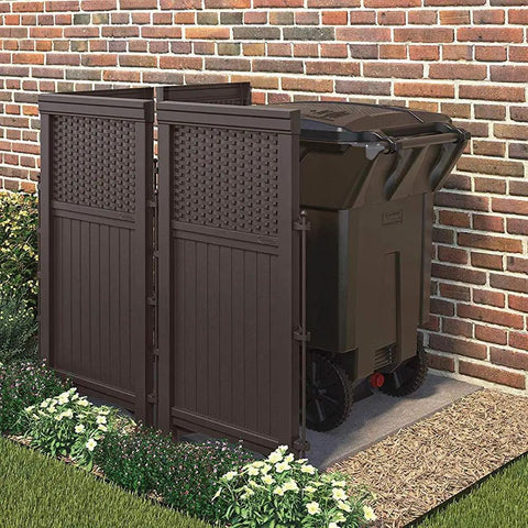 Four Panel Freestanding Wicker Resin Outdoor Screen Enclosure In Brown, Reversible Panels, hiding trash can in garden