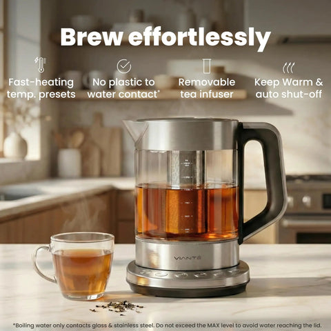 Electric Tea Kettle With Infuser For Loose Leaf Tea No Plastic Touching Water Temperature Control Automatic Shut Off 1.5L Borosilicate Glass Hot Tea Maker on kitchen counter