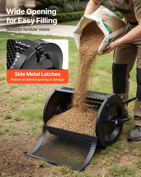Person filling a Beefy Compost Spreader For Lawn Care And Garden, 16.5 Inch Wide Peat Moss Spreader With T Shaped Handle, 3 Adjustable Height Settings, Powder Coated Steel Roller with soil.