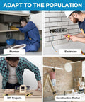 Collage of professionals: plumber fixing pipes, electrician wiring outlets, DIY projects, and construction workers in action.