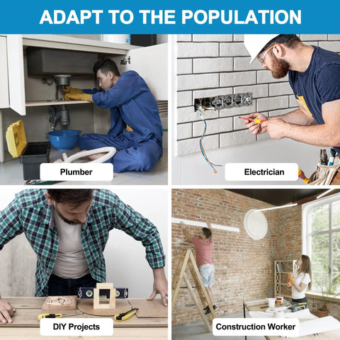 Collage of professionals: plumber fixing pipes, electrician wiring outlets, DIY projects, and construction workers in action.