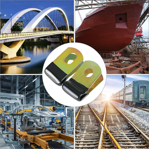 Collage showing bridge, ship, manufacturing, and rail with focus on cushioned steel brake line clip set for three sixteenth inch tubing.