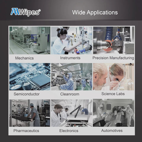 AAwipes cleanroom wipes collage showing wide applications in labs, electronics, pharmaceuticals, and semiconductors.