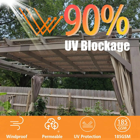 90 Percent UV Blocking Sun Shade Cloth 10x30 Ft For Outdoor Deck Patio Garden Pergola Canopy Mocha Breathable Shade Fabric covering a pergola.