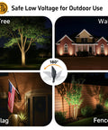 Brass Outdoor Landscape Spotlight Kit, Low Voltage 12V Wired LED Uplights illuminating tree, house wall, flag, and fence