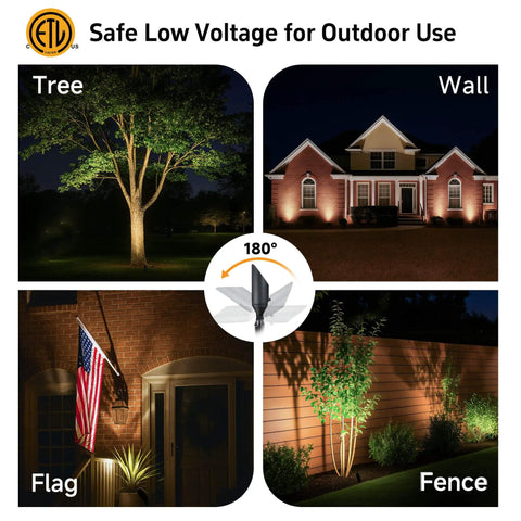 Brass Outdoor Landscape Spotlight Kit, Low Voltage 12V Wired LED Uplights illuminating tree, house wall, flag, and fence