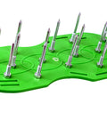 6.8 Cm Lawn Aerator Spike Shoes with heavy-duty buckles, showing spikes and adjustable straps on green platform for aerating soil.