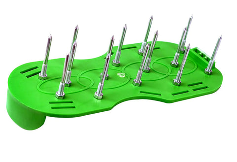 6.8 Cm Lawn Aerator Spike Shoes with heavy-duty buckles, showing spikes and adjustable straps on green platform for aerating soil.