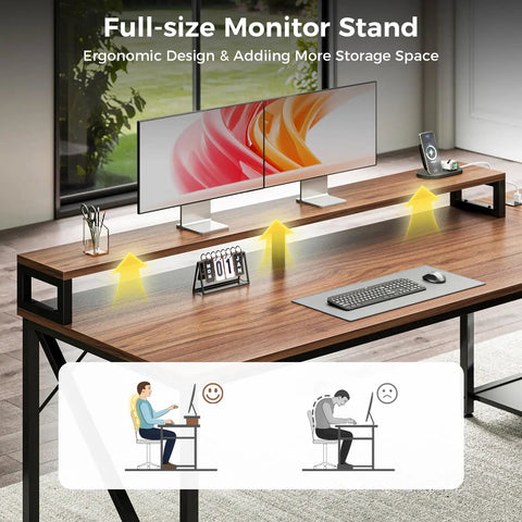 L Shaped Desk With Wood Drawers And Locking File Cabinet, 61 Inch Corner Office Desk With Power Outlet, LED Monitor Stand And CPU Stand, Under Desk Shelf Storage, Walnut Finish For A Boss Level Home Office Setup with a monitor on the stand