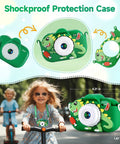 Green Awesome 48MP Dual Lens Kid Camera for Ages 3-9 with shockproof case and dinosaur design, 1080P HD video, shown with dimensions.